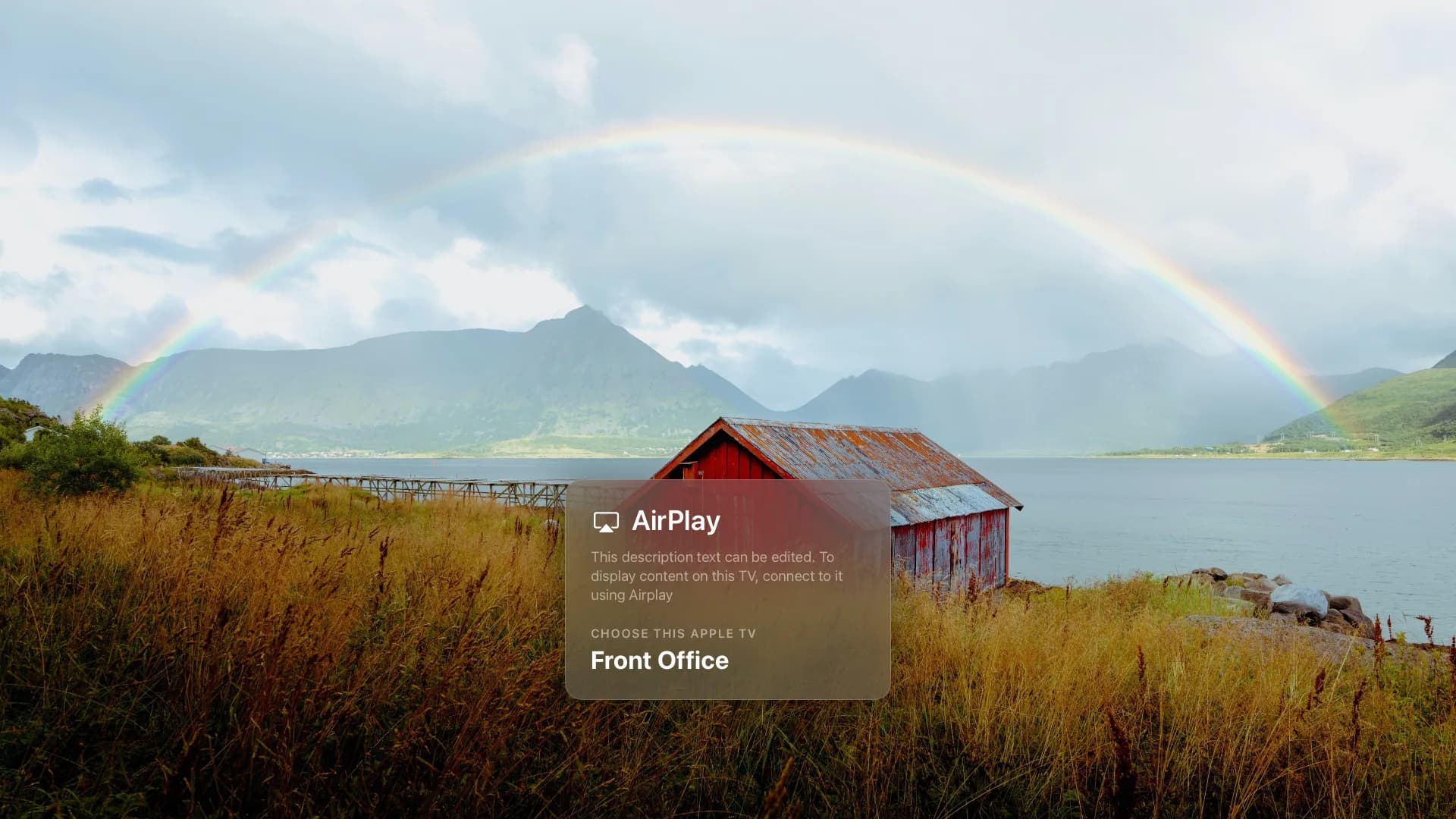 Classroom Apple TV signage with the AirPlay panel over a full-screen photo