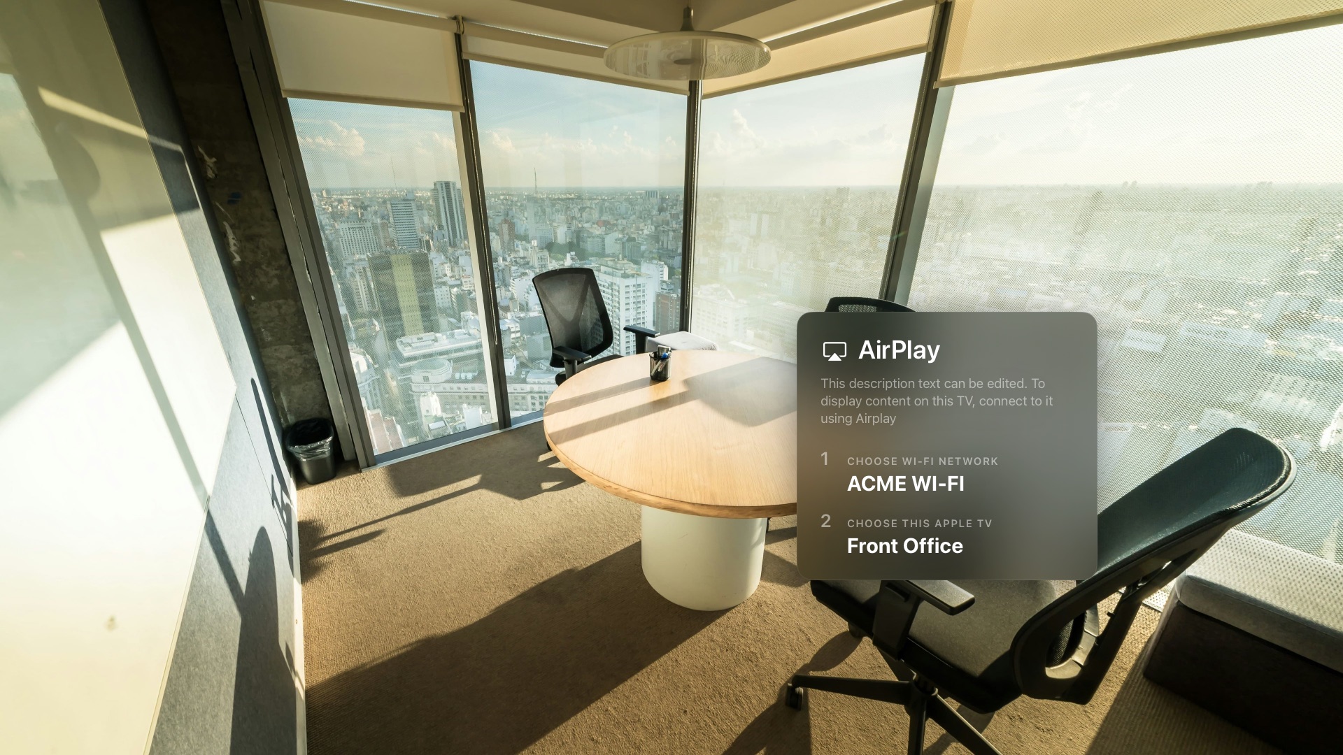 AirPlay panel showing the network and Apple TV name