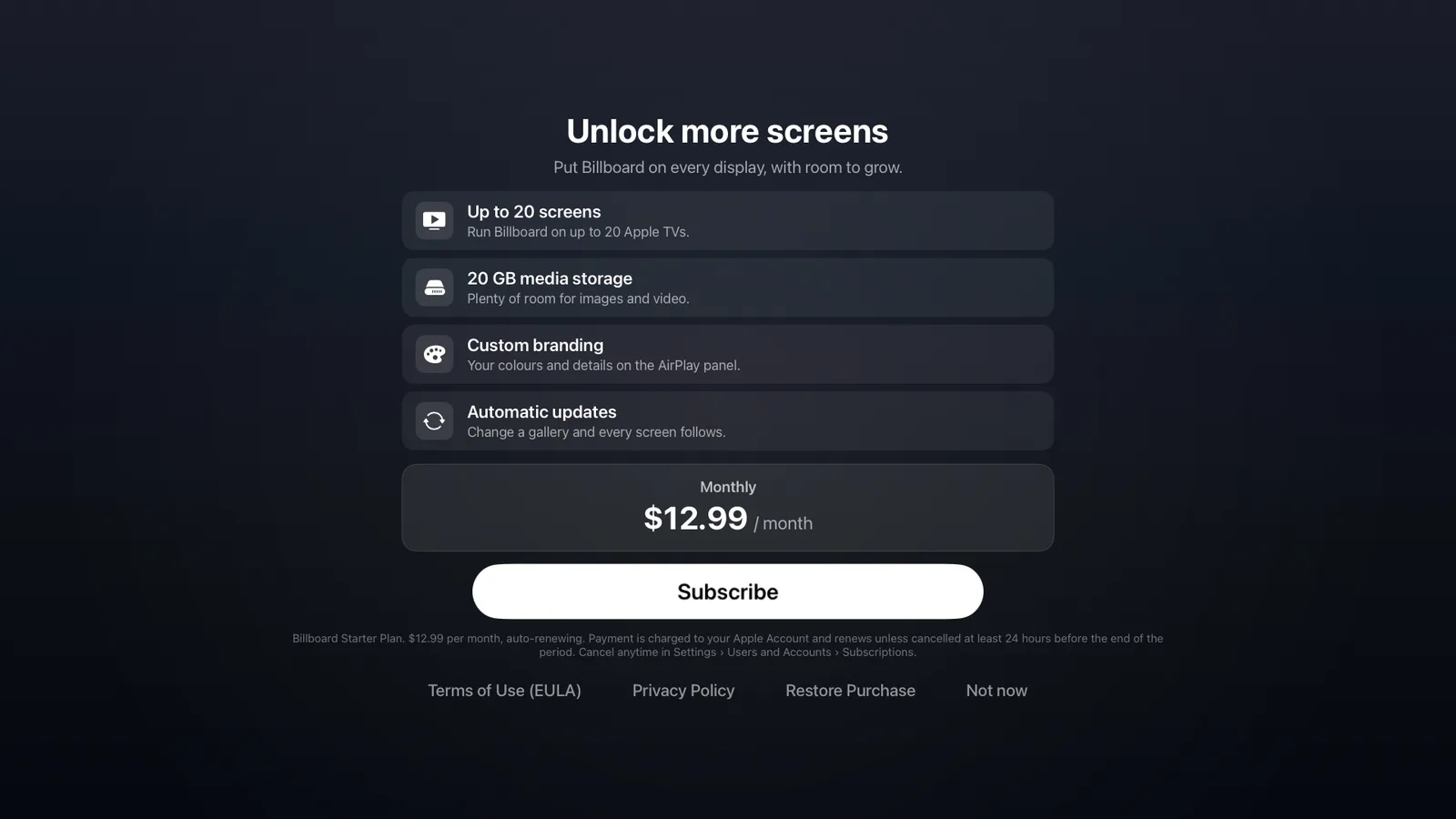 The Billboard subscription screen on Apple TV, showing plan features, the monthly price and a Subscribe button
