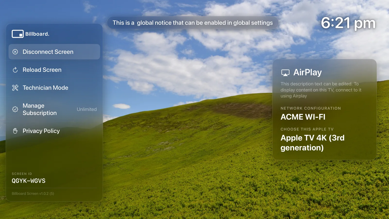 The Billboard side menu on Apple TV, opened with the Back button