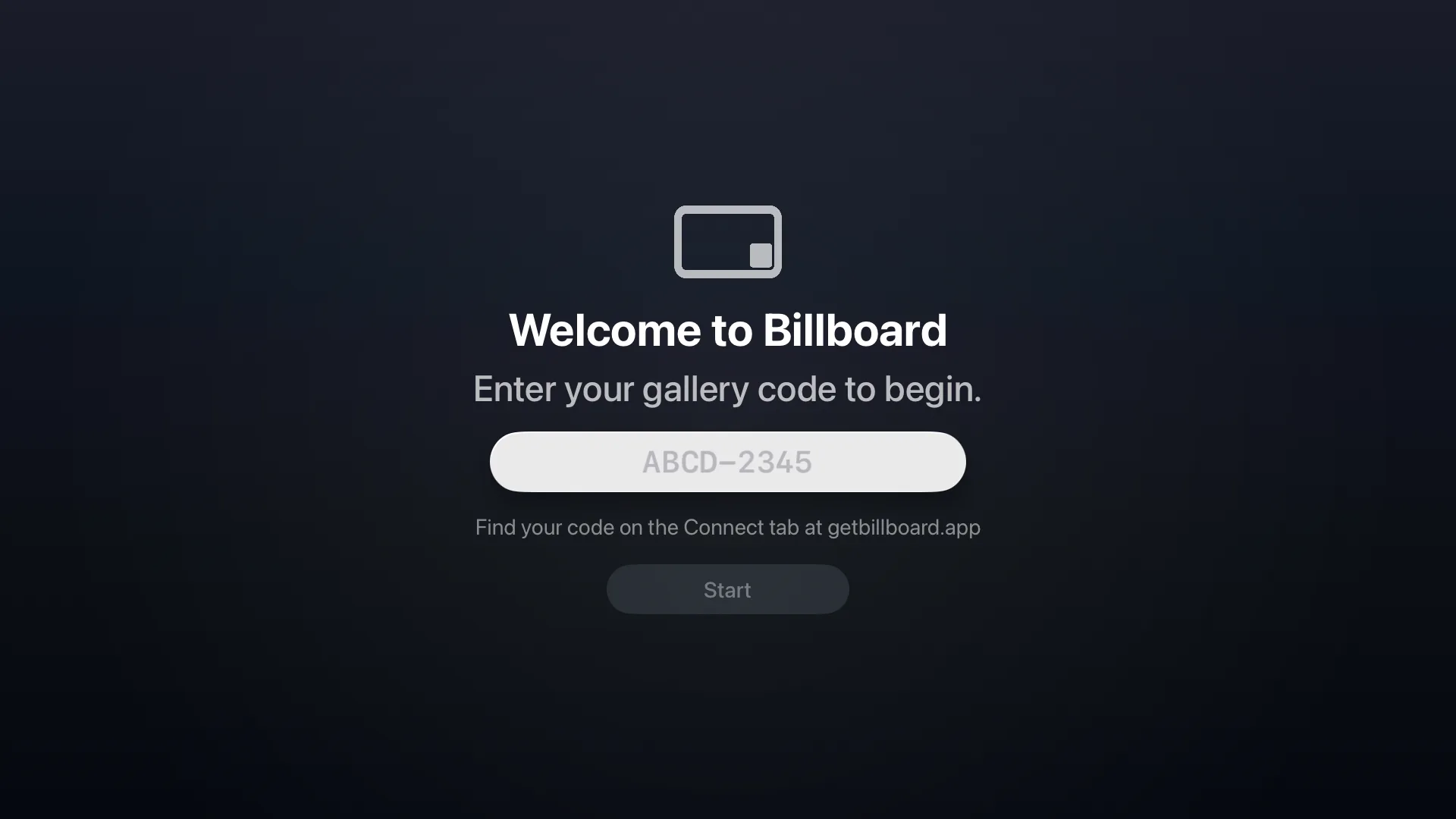 The Billboard welcome screen on Apple TV, ready for a gallery code