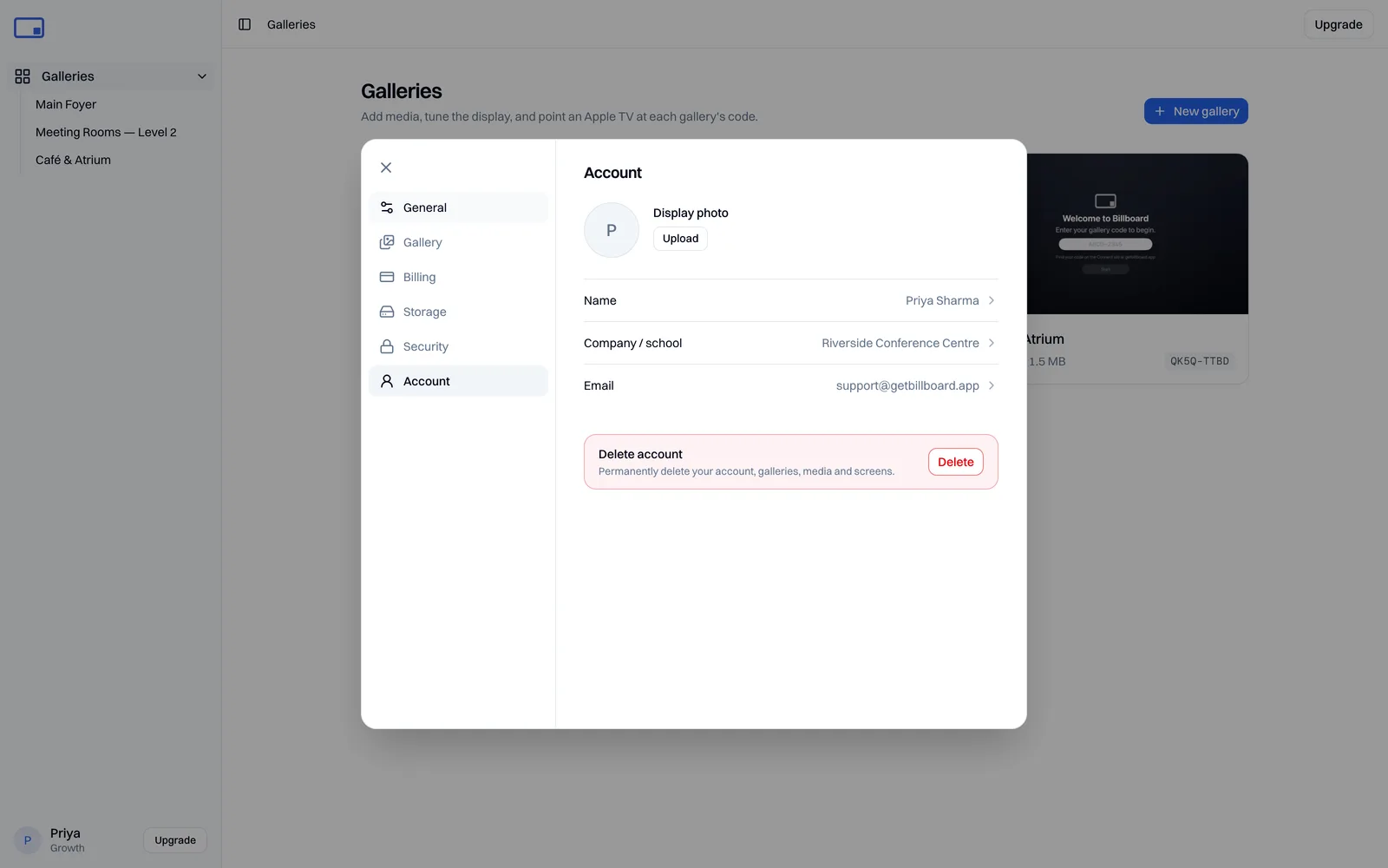 The delete-account confirmation — what gets removed, with a "type DELETE to confirm" step
