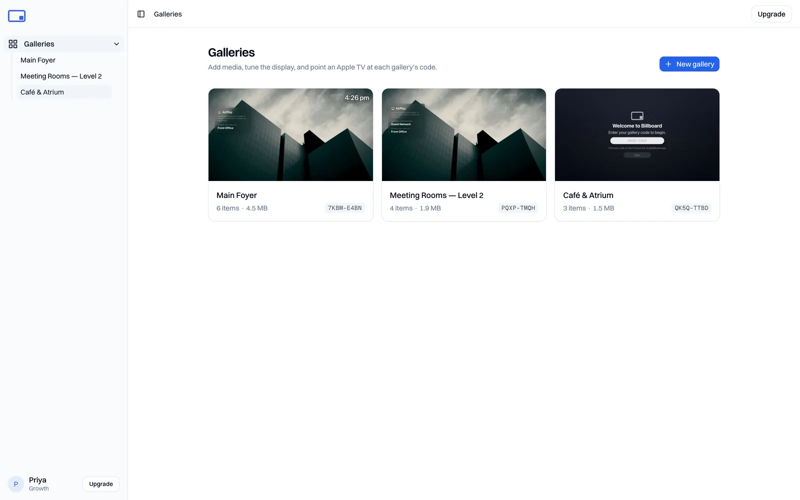 The dashboard, with the sidebar on the left and your galleries in the main area