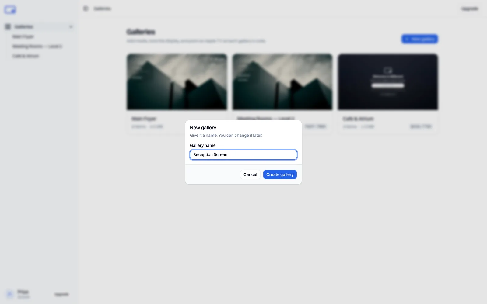 Naming a new gallery in the Billboard dashboard